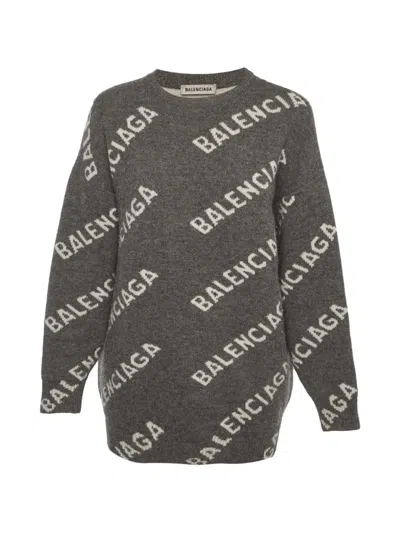 Pre-owned Balenciaga Logo-motif Oversized Wool Sweater In Gray