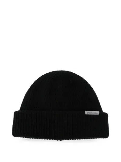 Balenciaga Wool Beanie Ribbed Texture Turn Up Brim In Black