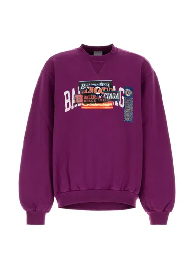 Balenciaga Cotton Sweatshirt Crew Neck Graphic Logo In Purple
