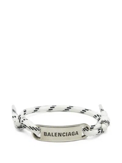 Pre-owned Balenciaga Logo-plate Cord Bracelet In Silver