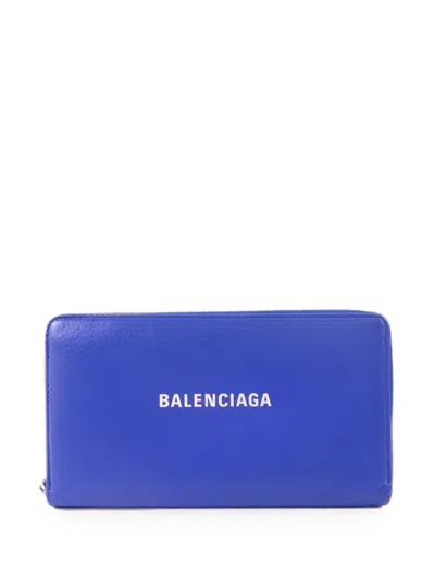 Pre-owned Balenciaga Logo-print Leather Long Wallet In Blue