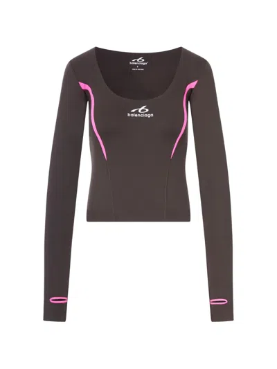Balenciaga Logo-print Long-sleeved Performance T-shirt In Brown