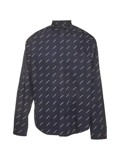 Pre-owned Balenciaga Logo-print Oversized Shirt In Blue
