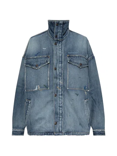 Balenciaga Logo-print Paint-splatter Denim Jacket In Blue