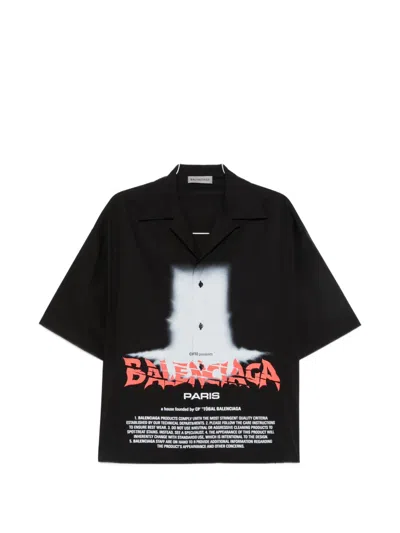 Balenciaga The Door Short Sleeve Cotton Bowling Button-up Shirt In Black