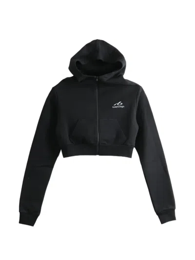 Balenciaga Cropped Zip Hoodie Hood Long Sleeves In Black