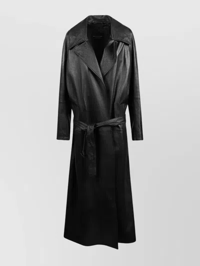 Balenciaga Long Belted Peacoat Leather Texture In Black