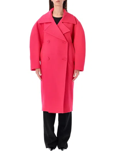 Balenciaga Long Cocoon Wool Jacket With Sculptural Cinched Volume, Double-breasted In Pink
