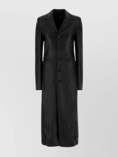 Balenciaga Long Length Leather Coat With Notched Lapel In Black