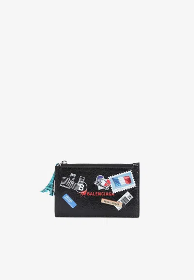Balenciaga Long Mail Stamps Long Zip Cardholder In Black