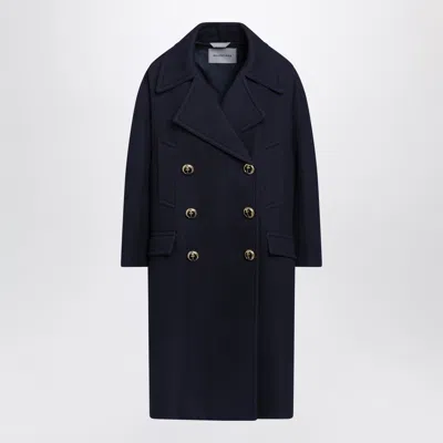 Balenciaga Long Navy Textured Wool Pea Coat In Blue