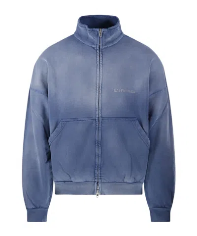 Balenciaga Distressed Logo Zip-up Sweatshirt In Blue
