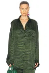 Balenciaga Crocodile Print Satin Button Down Cocoon Blouse In Green