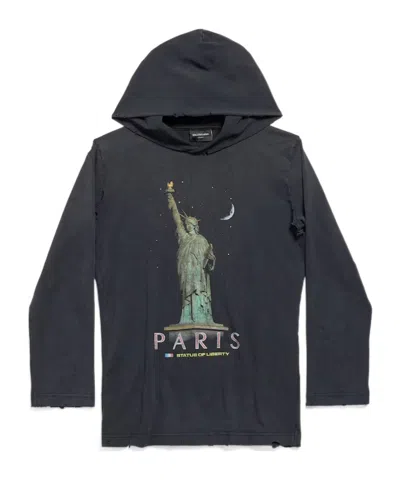 Balenciaga Long Sleeve Hooded Tee In Faded Black