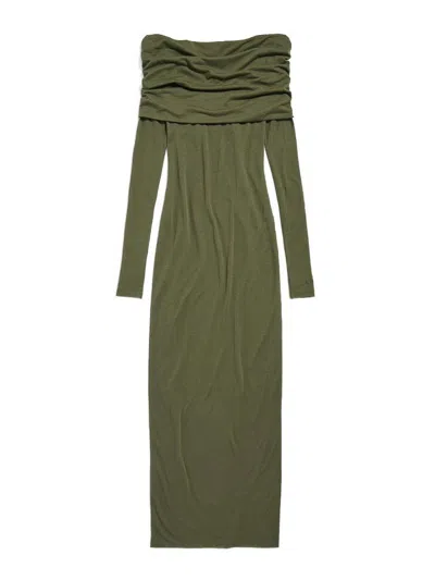 Balenciaga Long Sleeve Off-shoulder Dress In Green