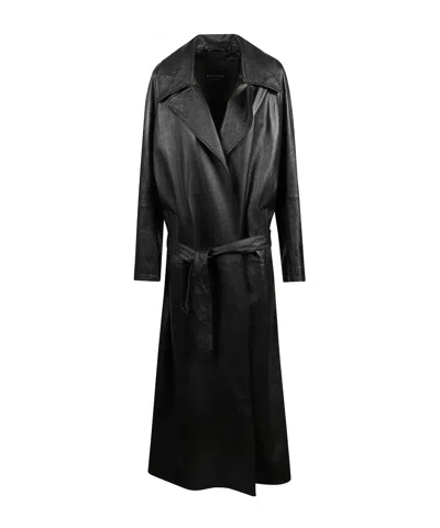 Balenciaga Long-sleeved Leather Trench Coat In Black