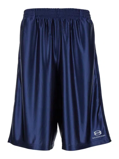 Balenciaga Wide-leg Logo-embroidered Satin-twill Shorts In Blue