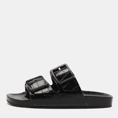 Pre-owned Balenciaga Mallorca Size 40 Black Croc Embossed Leather Banded Buckle Flat Slide