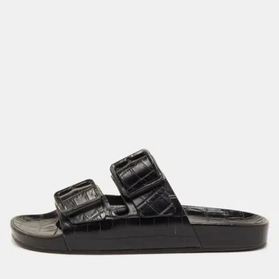 Pre-owned Balenciaga Mallorca Size 41 Black Croc Embossed Leather Banded Buckle Slide Sandals