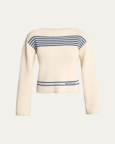 Balenciaga Mariniere Striped Cotton Knit Boat-neck Sweater In Neutral