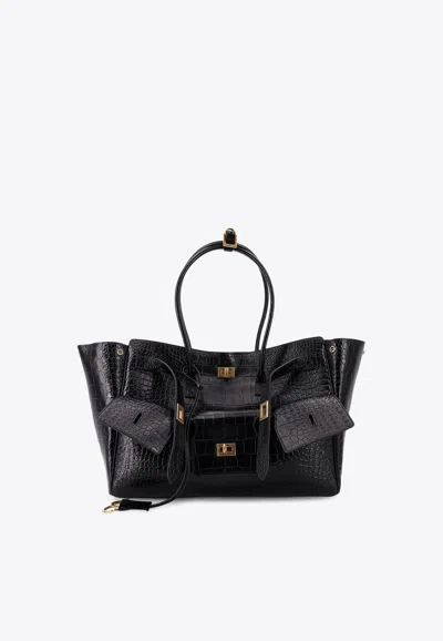 BALENCIAGA MEDIUM BEL AIR CROC-EMBOSSED LEATHER TOTE BAG
