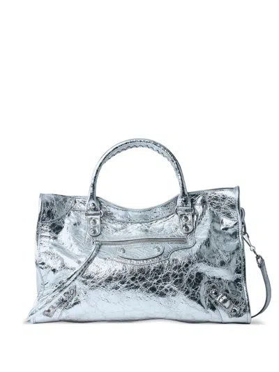 Balenciaga Medium Crinkled Leather Stud Tote Bag In Silver
