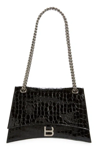 Balenciaga Medium Crush Croc Embossed Patent Leather Shoulder Bag In Black