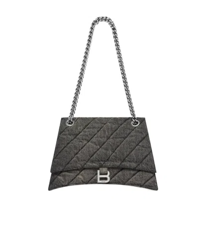 Balenciaga Medium Crush Denim Shoulder Bag In Black