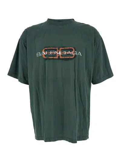 BALENCIAGA GREEN CREWNECK T-SHIRT WITH LOGO ON THE FRONT IN COTTON MAN