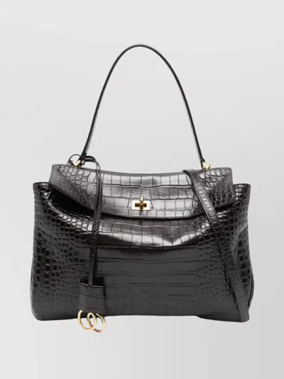 Balenciaga Medium Handbag With Crocodile Effect Top Handle In Black