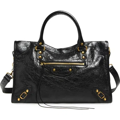 Balenciaga Medium Le City Crinkled Leather Tote In Black