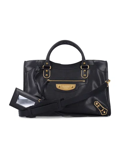 Balenciaga Medium Le City Uptown Handbag, 24 Cm X 38 Cm X 15 Cm With Studded Edges & Braided Handles In Nero