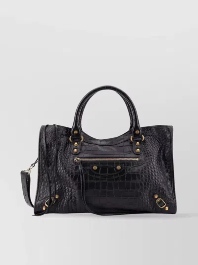 BALENCIAGA MEDIUM LEATHER SHOULDER BAG WITH CROCODILE TEXTURE