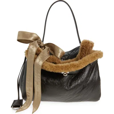 Balenciaga Medium Rodeo Aviator Genuine Shearling Trim Leather Shoulder Bag In Black