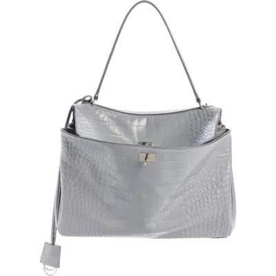 Balenciaga Medium Rodeo Croc Embossed Leather Handbag In Gray
