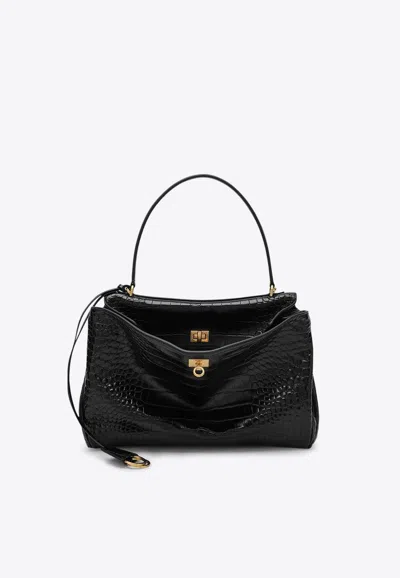 Balenciaga Medium Rodeo Croc-embossed Leather Tote Bag In Black