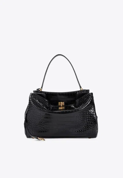 Balenciaga Medium Rodeo Top Handle Bag In Croc-embossed Leather In Black