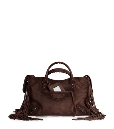 Balenciaga Medium Suede Fringe Le City Top-handle Bag In Brown