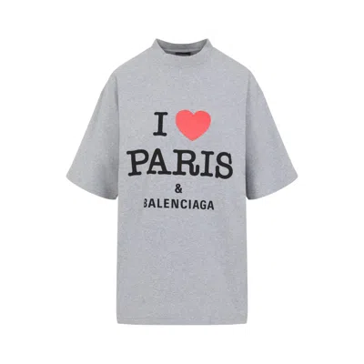 BALENCIAGA BALENCIAGA MÉLANGE GREY COTTON T-SHIRT WITH DISTINCTIVE PARIS GRAPHIC