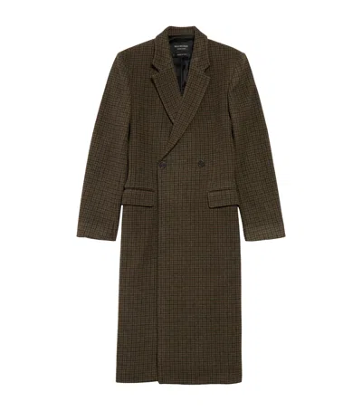 Balenciaga Melton Wool Check Overcoat In Brown