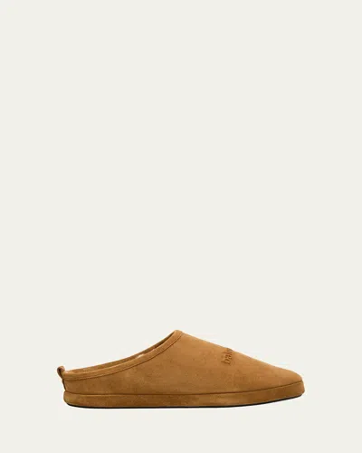 Balenciaga Men's Alaska Suede Embossed-logo Slippers In Camel