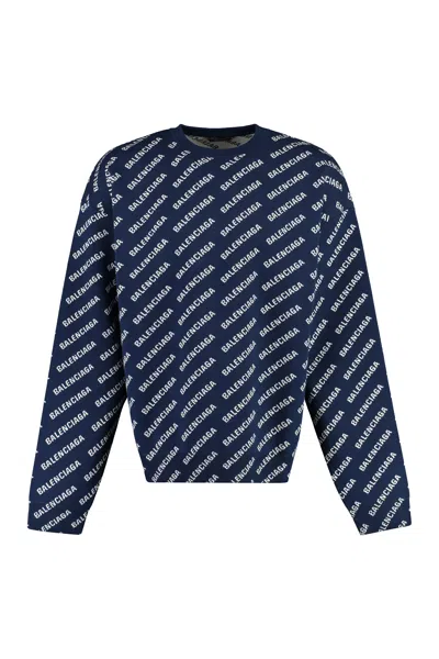 Balenciaga Allover Logo Crewneck Sweater In Blue And White For Men