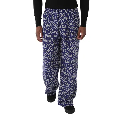 Balenciaga Men's All-over Logo Print Pyjama Trousers In Blue