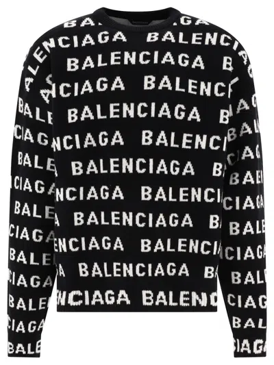 Balenciaga Men's Allover Logo Sweater In Black
