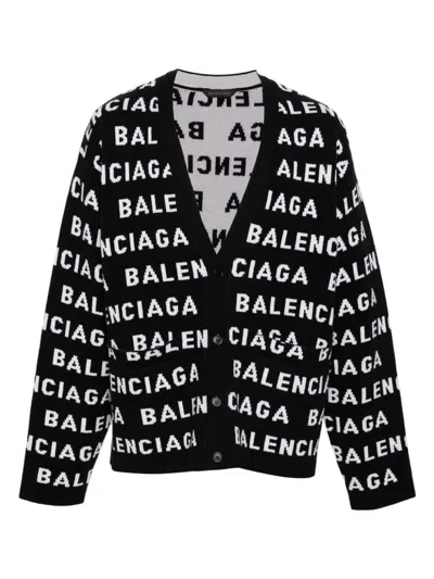 Balenciaga Black And White Cardigan With Logo In Wool Man