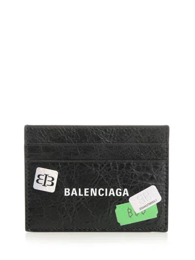 Balenciaga Men Arena Leather Sticker Card Holder In Black
