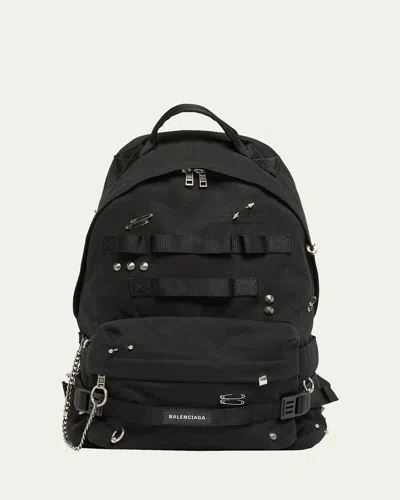 Balenciaga Men's Army Pierced Canvas Backpack In Black