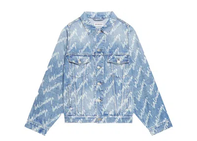 Pre-owned Balenciaga Men's  All Over Logo Denim Jacket In Blue White In Multi