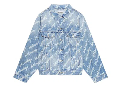 Pre-owned Balenciaga Men's  All Over Logo Oversized Denim Jacket In Indigo In Purple