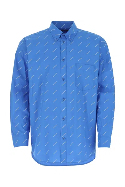 Pre-owned Balenciaga Men's  All Over Logo Shirt In Blue White In Multi
